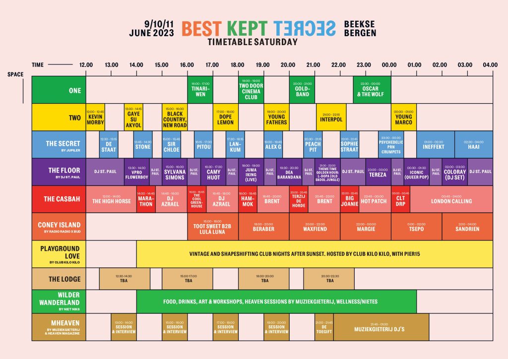 Best Kept Secret 2023 - BKS23 - Timetable - zaterdag