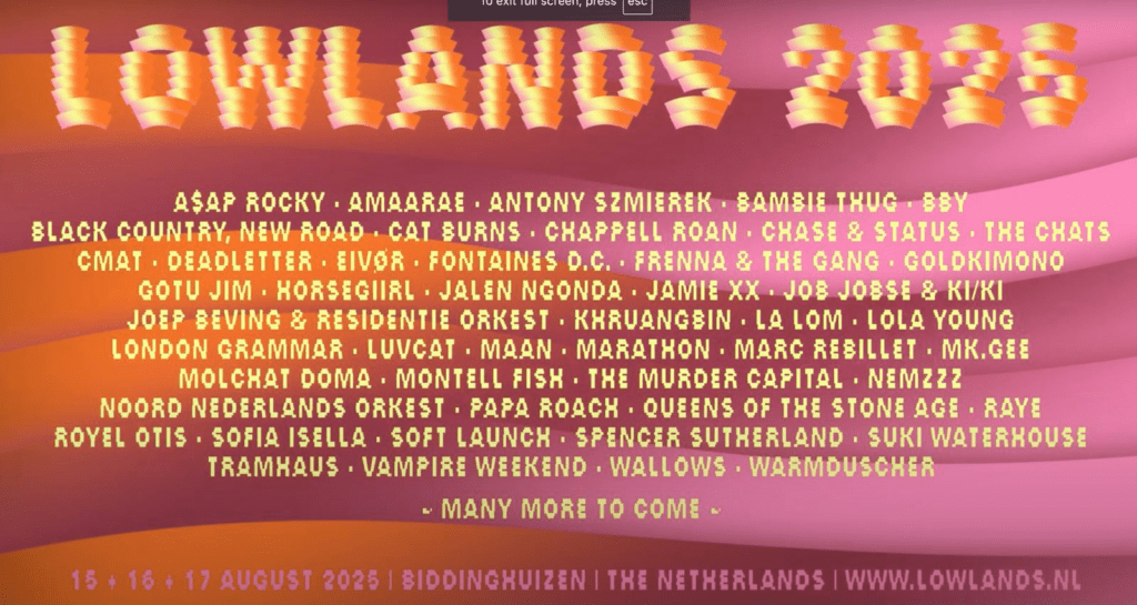 Lowlands 2025 line-up: A$AP Rocky, Queens of the Stone Age, Chappell Roan en meer